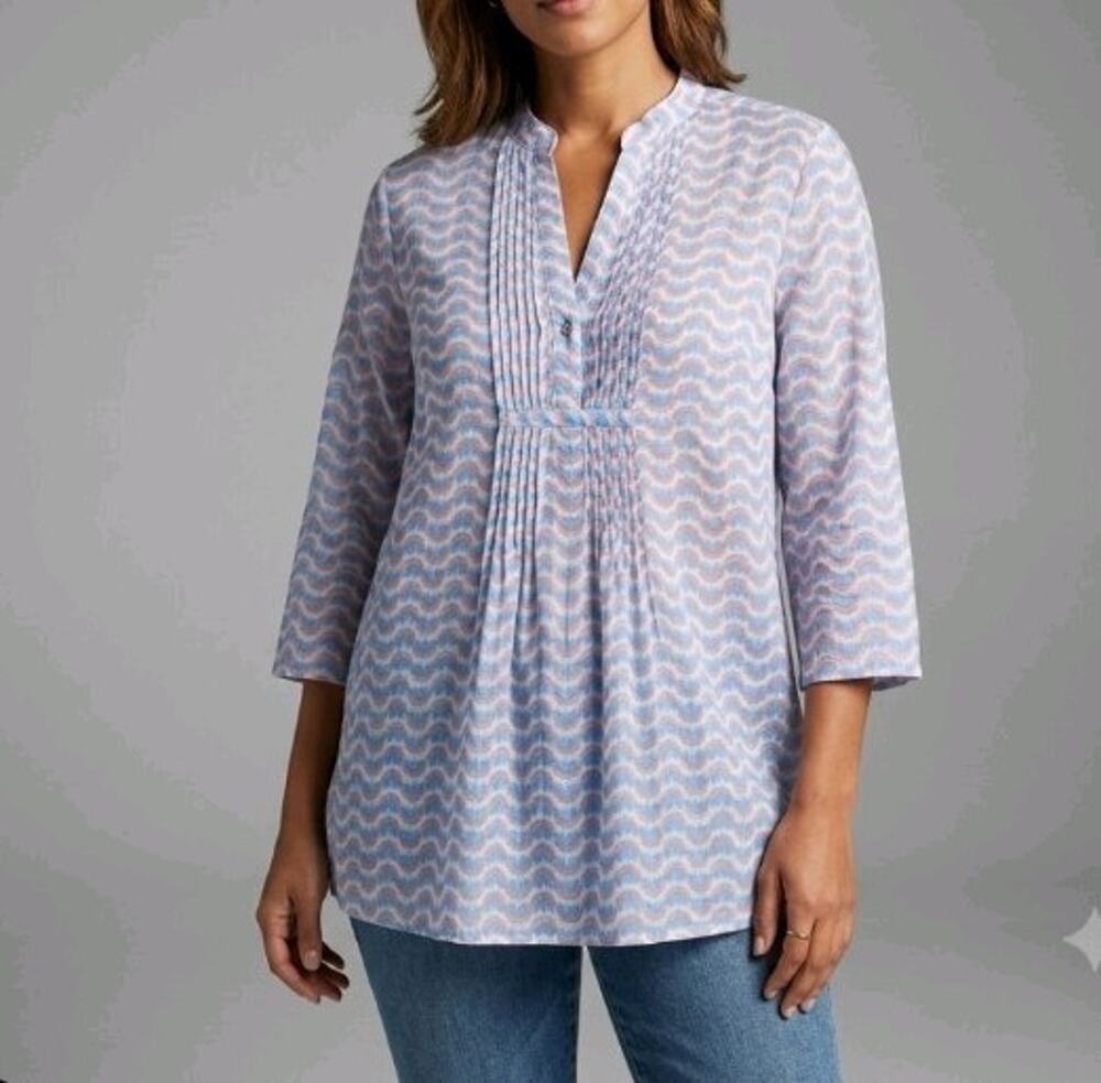 Oliphant 100% Cotton Shirt Neutral Print Pleated Notch Collar 3/4 Sleeve Size M